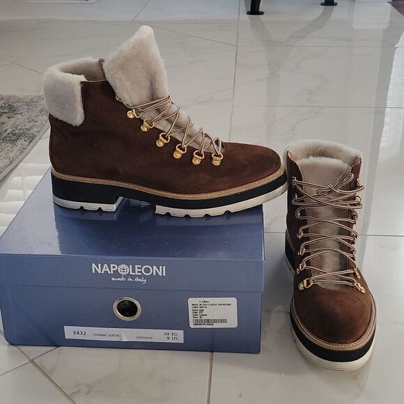 Napoleoni Shoes - Napoleoni Leather Fur Ankle Congac Shearling Lined Boots 9